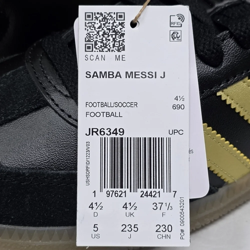 Adidas Samba x Messi J Black/Gold Metallic/Gum JR6349 Soccer Youth Size 5 New